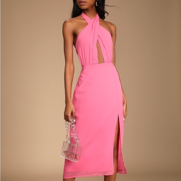 Lulus Flirty Chic Bright Pink Cutout Twist-Front Halter Midi Dress NWT LARGE - Picture 5 of 11